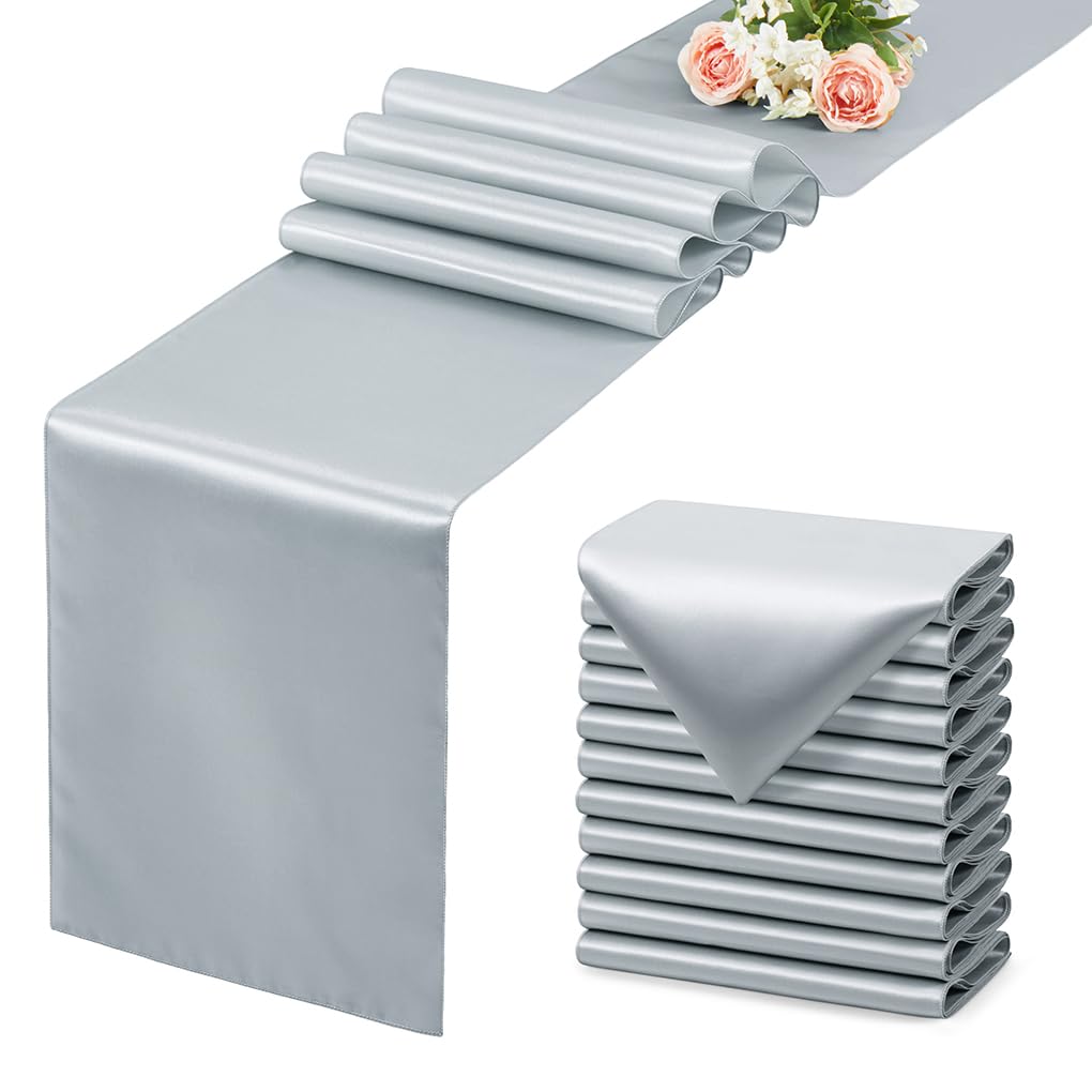 12 Pack Silver Table Runner 12x108 Inches Long, Satin Silk-Like Smooth Table Decor for Wedding Birthday Party