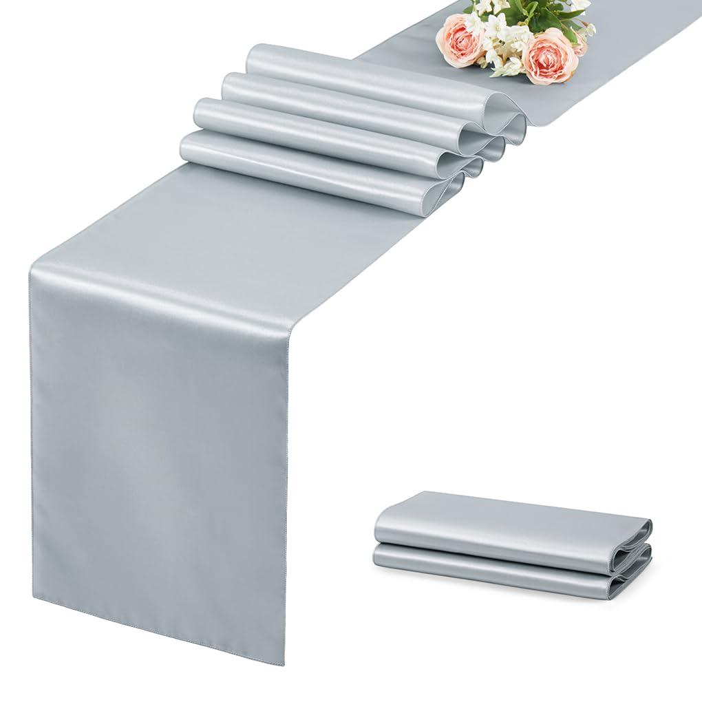 12 Pack Silver Table Runner 12x108 Inches Long, Satin Silk-Like Smooth Table Decor for Wedding Birthday Party