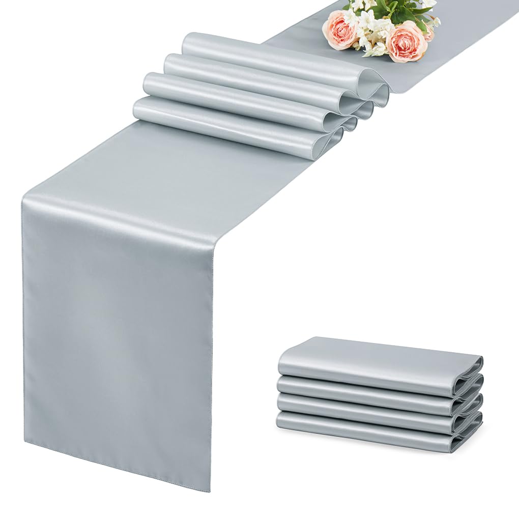 12 Pack Silver Table Runner 12x108 Inches Long, Satin Silk-Like Smooth Table Decor for Wedding Birthday Party