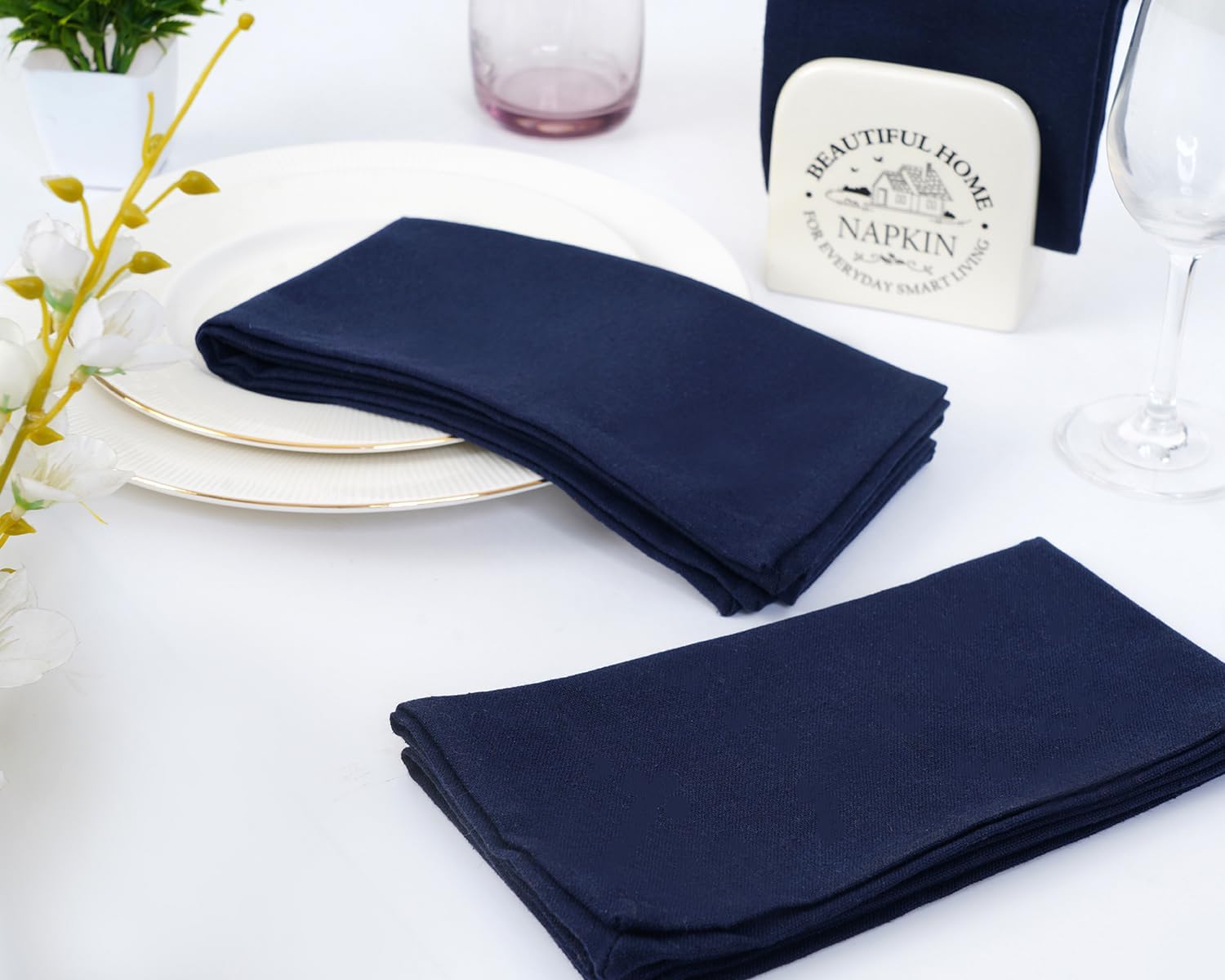 Blue Needles Solid Cloth Napkins Set of 12 Navy Blue 100% Cotton Dinner Napkins 18x18 inches - Soft, Reusable, Absorbent & Washable Linen, Ideal for Spring Summer Easter Events Parties & Everyday Use
