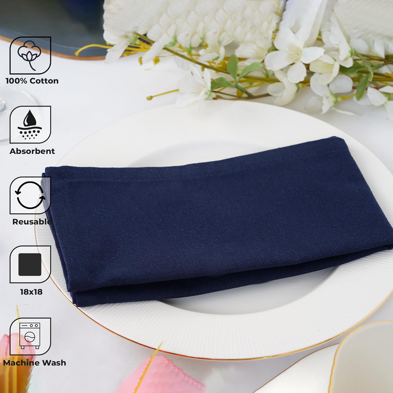 Blue Needles Solid Cloth Napkins Set of 12 Navy Blue 100% Cotton Dinner Napkins 18x18 inches - Soft, Reusable, Absorbent & Washable Linen, Ideal for Spring Summer Easter Events Parties & Everyday Use