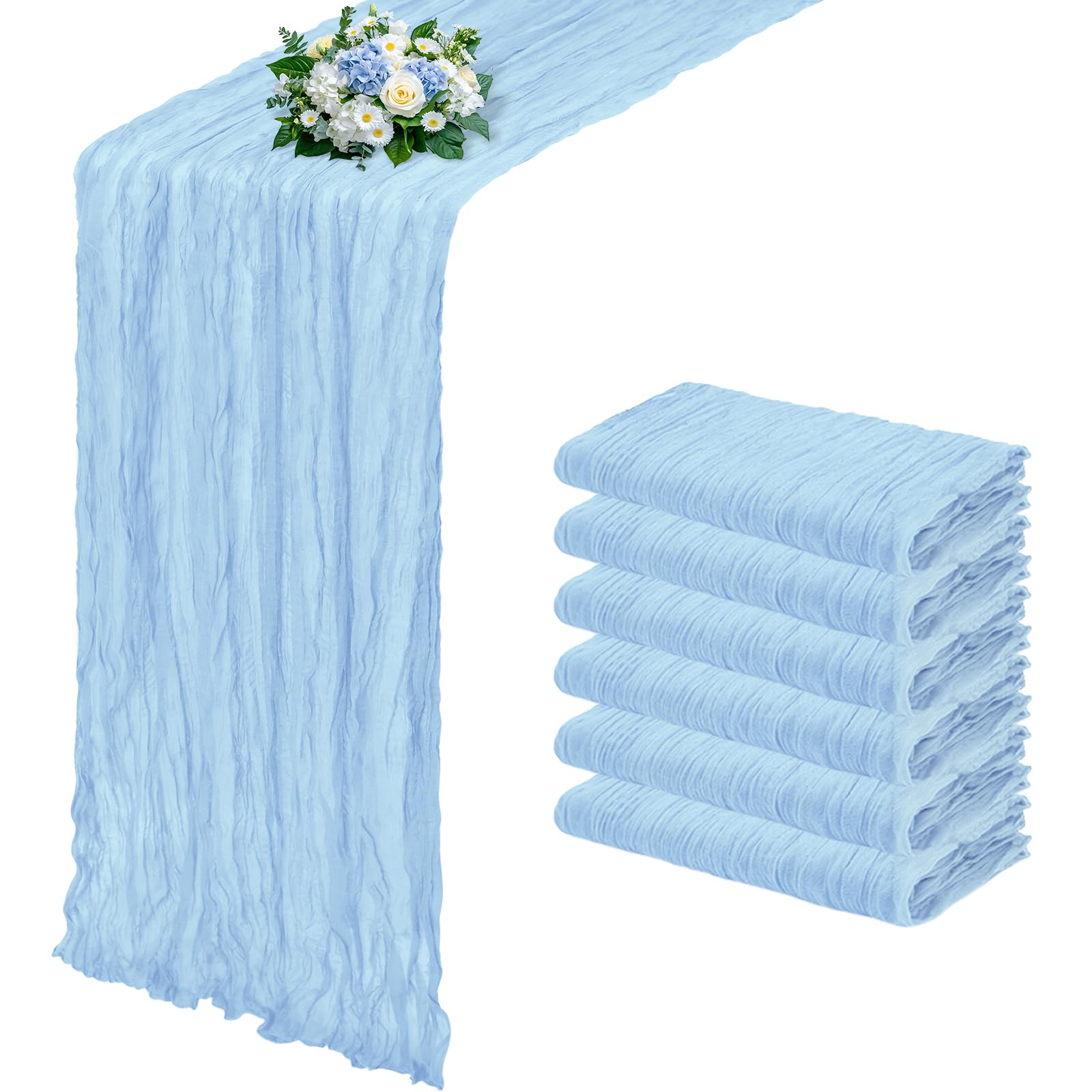 12 Pack Baby Blue Cheesecloth Table Runner 17x108 Inch Semi Sheer Boho Gauze Cheese Cloth Fabric Table Runners, for Wedding Party Baby Shower Birthday Home Decor Garden Farmhouse