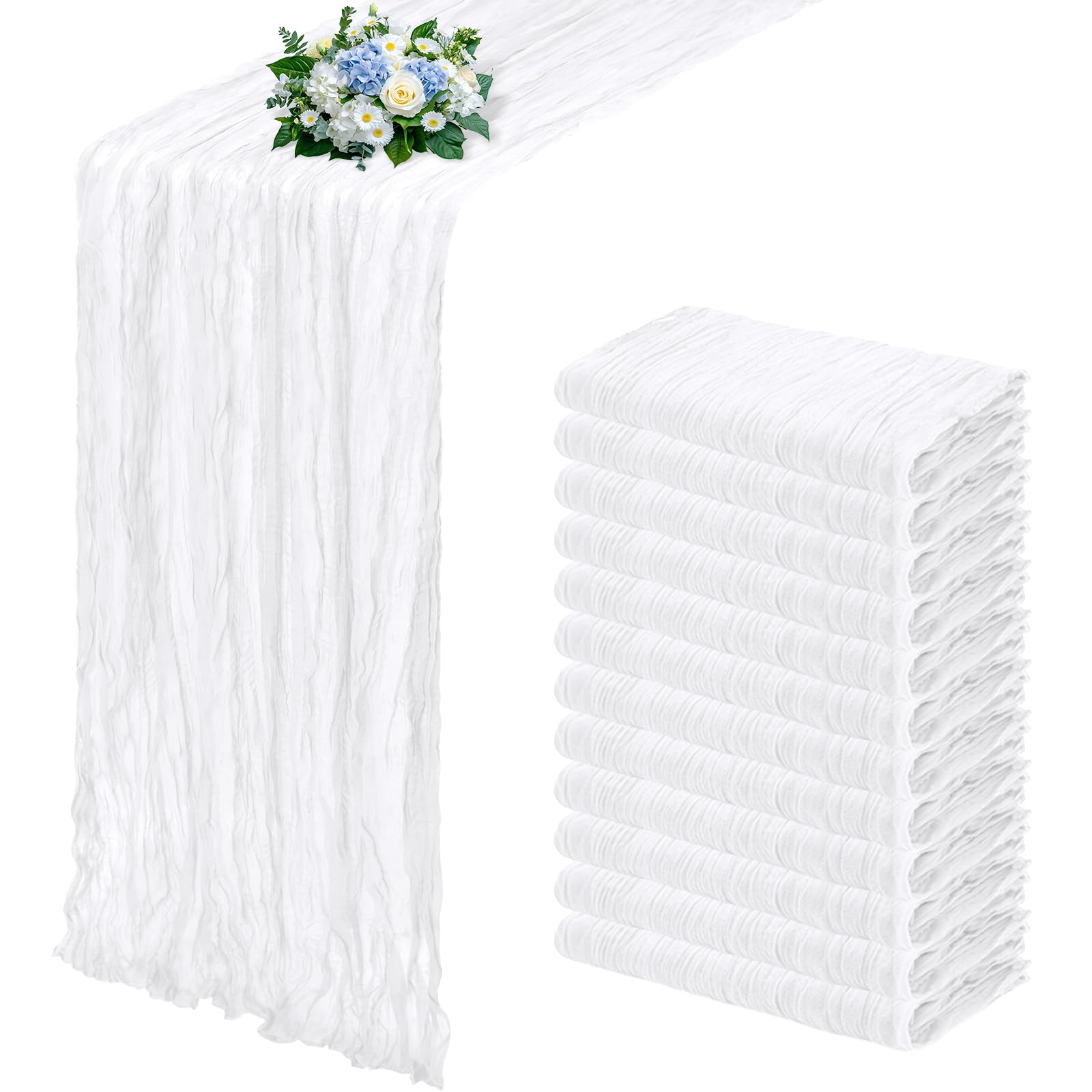 12 Pack Baby Blue Cheesecloth Table Runner 17x108 Inch Semi Sheer Boho Gauze Cheese Cloth Fabric Table Runners, for Wedding Party Baby Shower Birthday Home Decor Garden Farmhouse