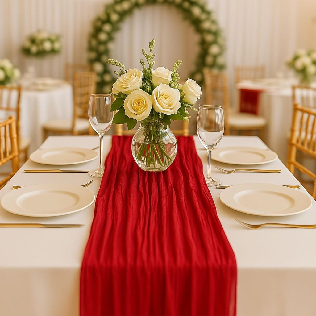 10FT Red Cheesecloth Table Runner 120 Inch Rustic Boho Gauze Cheese Cloth Table Runner for Wedding Baby Shower Bridal Shower Birthday Party Home Decorations