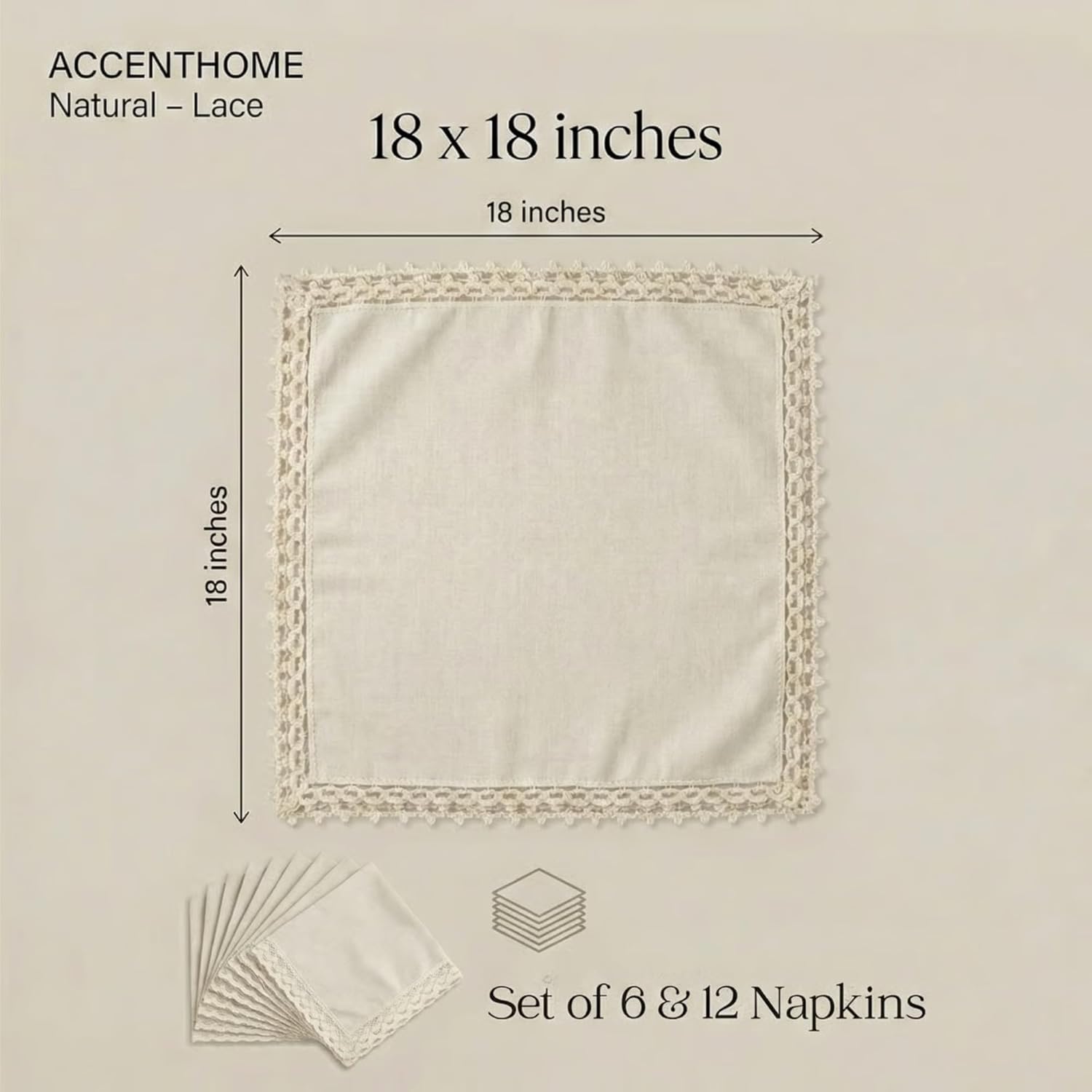 ACCENTHOME Natural Cloth Napkins Set of 12 18x18 inch Cotton Dinner Napkins - Washable Soft Premium Hotel Quality Reusable Napkins Perfect Table Napkins for Family Dinners, Weddings & Everyday Use