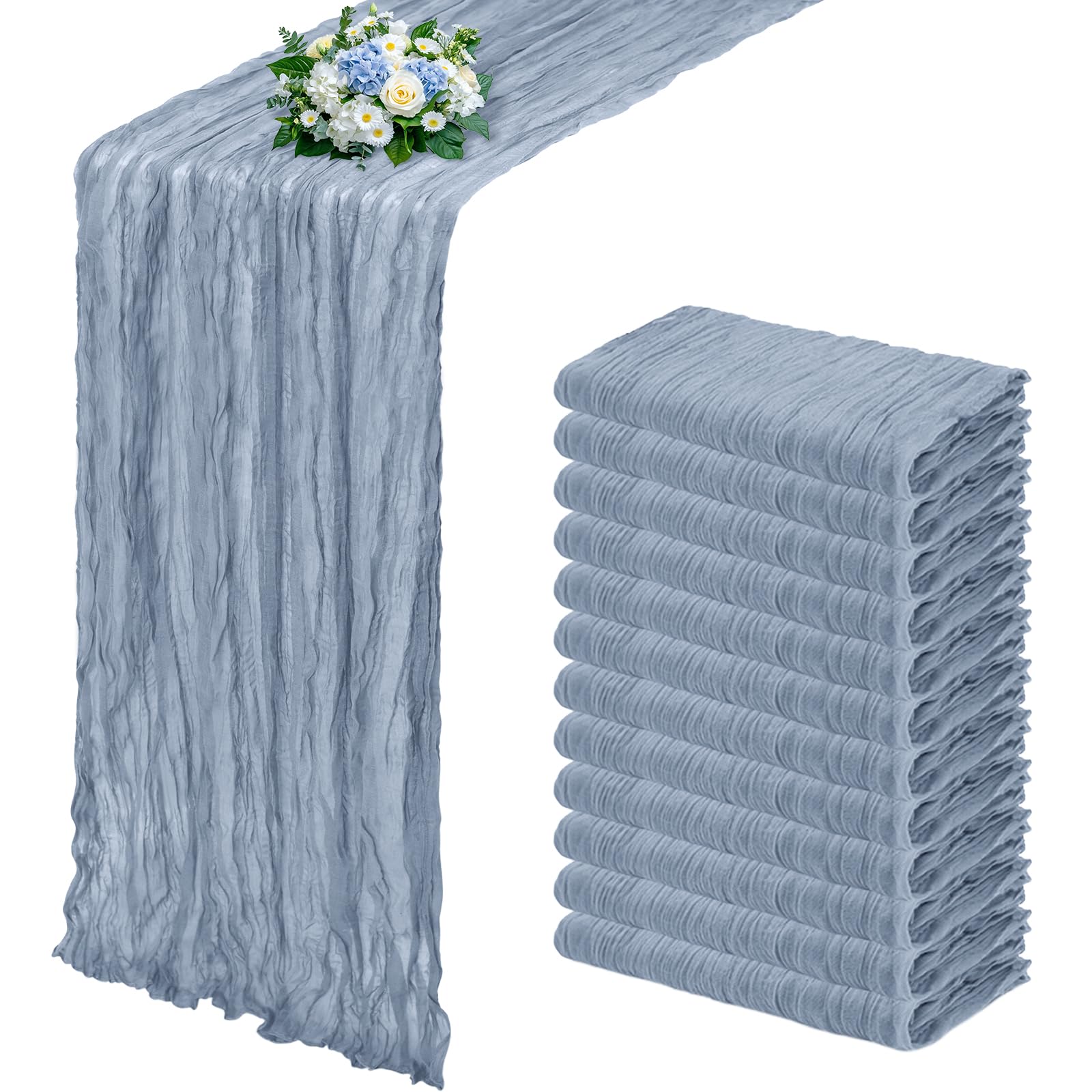 12 Pack Baby Blue Cheesecloth Table Runner 17x108 Inch Semi Sheer Boho Gauze Cheese Cloth Fabric Table Runners, for Wedding Party Baby Shower Birthday Home Decor Garden Farmhouse