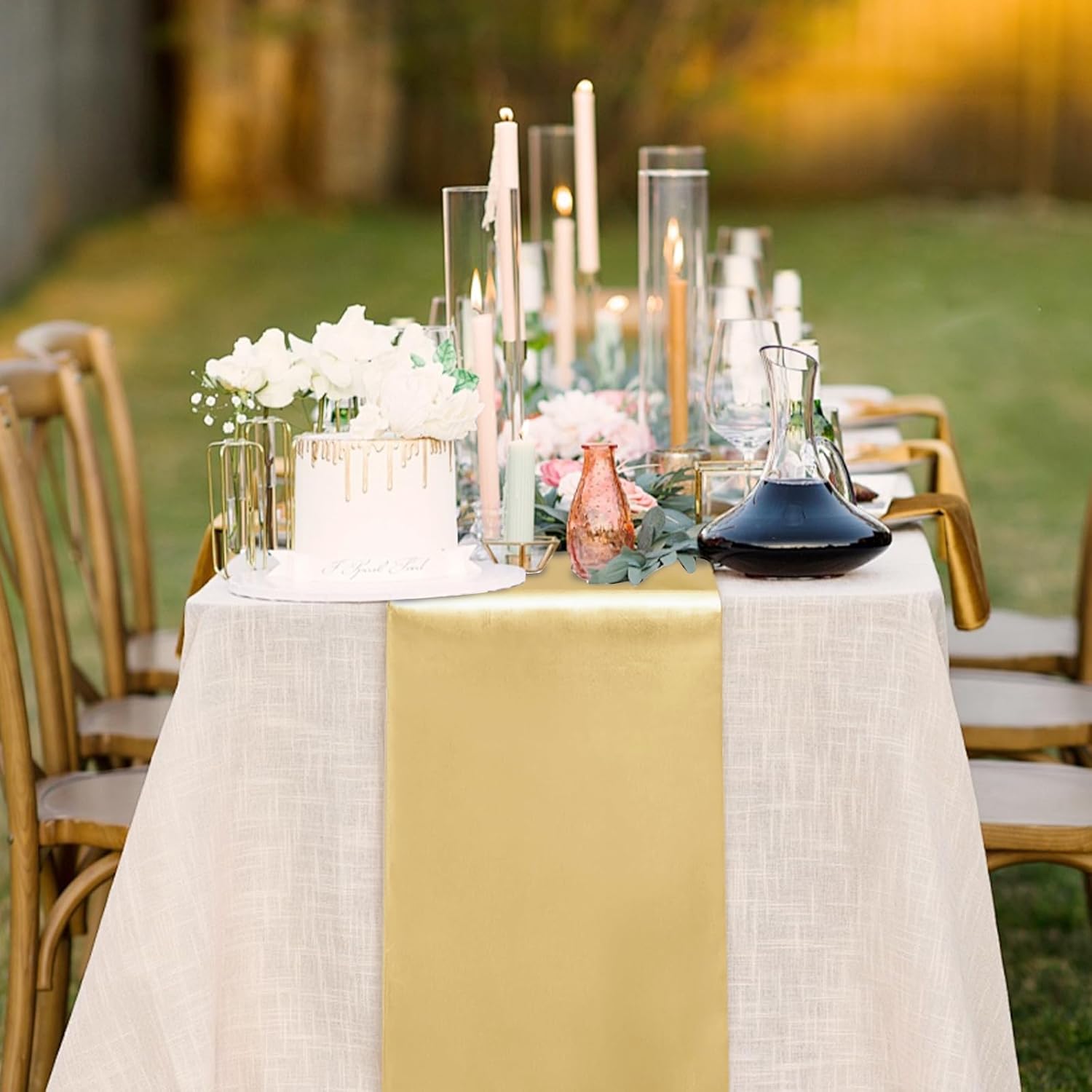 10 Pack Satin Table Runner 12 x 108 Inch Long Light Gold Silk Table Runner for Wedding Party Banquet Birthday Decoration