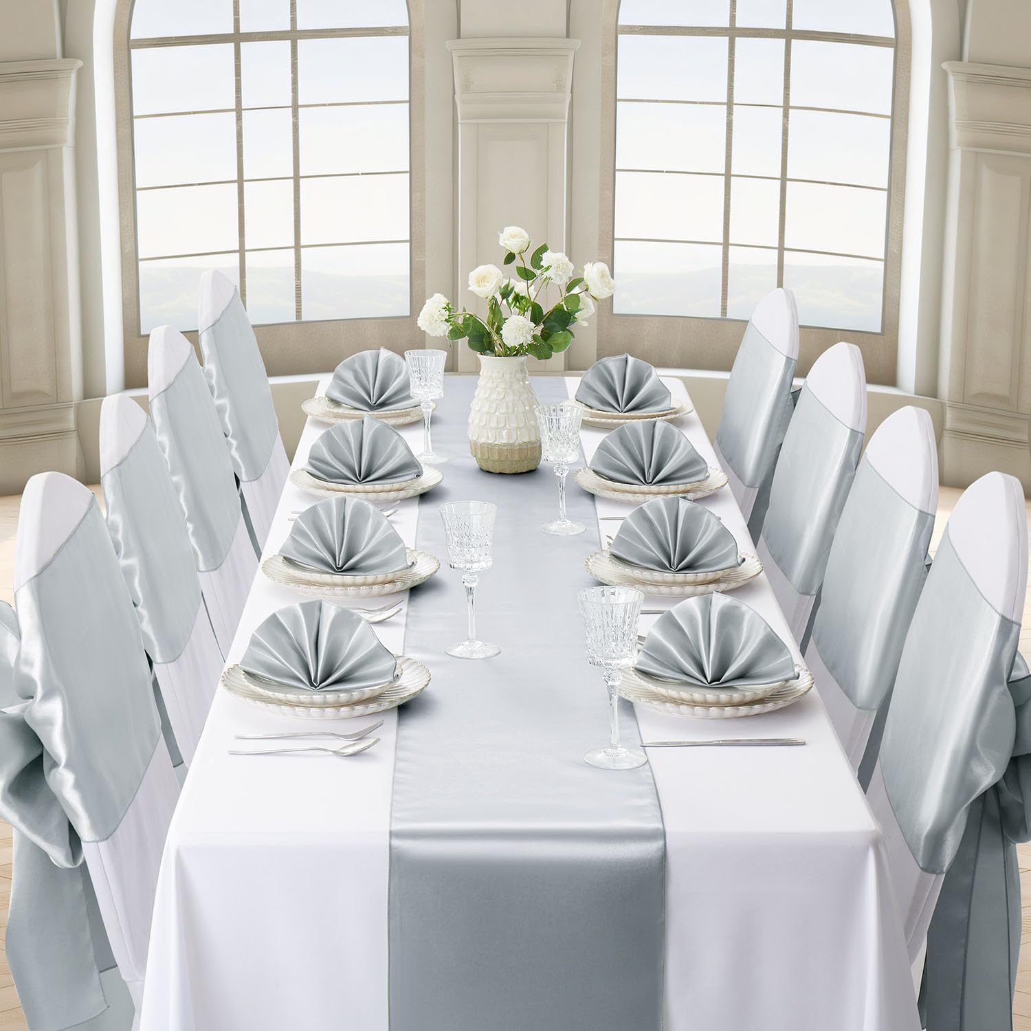 12 Pack Silver Table Runner 12x108 Inches Long, Satin Silk-Like Smooth Table Decor for Wedding Birthday Party
