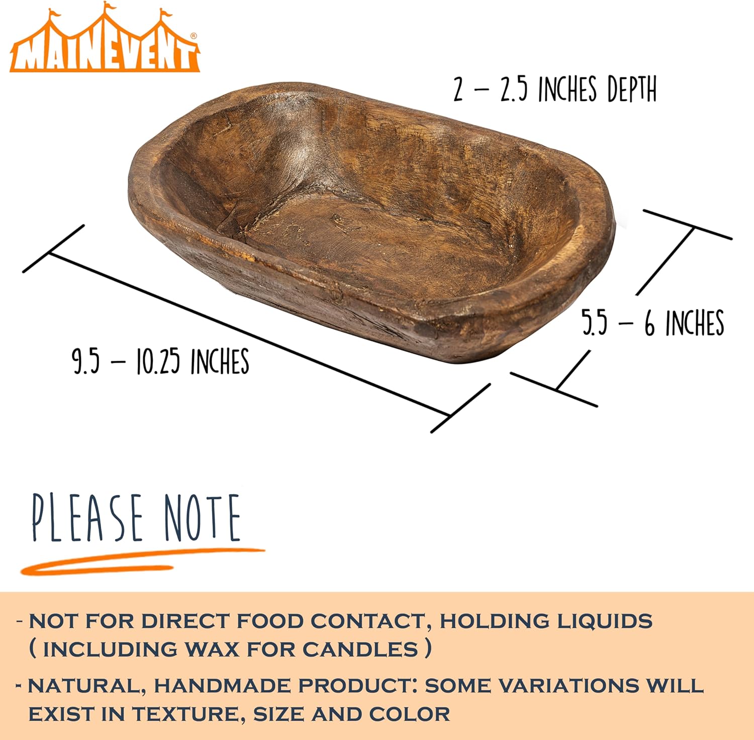 MAINEVENT Decorative Bowl Home Decor Approx 10 Inch, Hand Crafted Spanish Oak Wooden Dough Bowl Decor, Table Centerpiece Made in USA